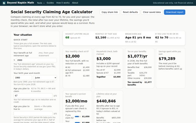 Screenshot of the Social Security Claiming Age Calculator